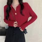 Plain Ribbed Button-up Cropped Knit Top