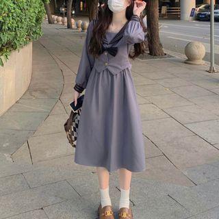 Mock Two-piece Puff-sleeve Sailor Collar Midi Dress