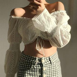 Eyelet Off-shoulder Long-sleeve Drawstring Cropped Blouse