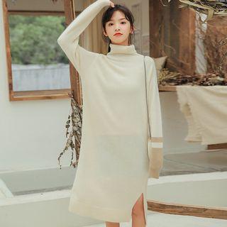 Two-tone Turleneck Midi Sweater Dress Almond - One Size