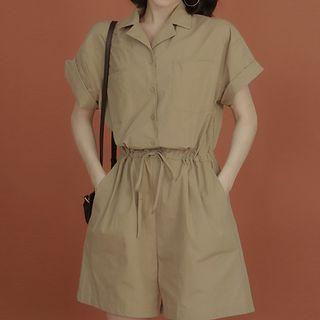 Short-sleeve Notch Lapel Romper Light Coffee - One Size
