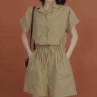 Short-sleeve Notch Lapel Romper Light Coffee - One Size