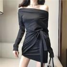 Off-shoulder Long-sleeve Asymmetric Mini Sheath Dress