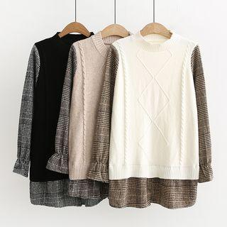 Mock Two-piece Plaid Long-sleeve Knit Top