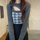 Set: Asymmetrical Cropped Sweater + Hounstooth Knit Camisole Top