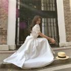 Plain Puff-sleeve Knotted Pleated Maxi Dress