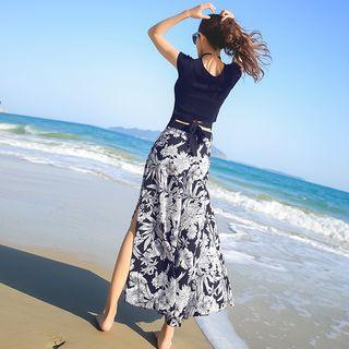 Short-sleeve Tie-back T-shirt/ Floral Print Wide-leg Pants