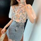 Puff-sleeve Mesh Panel Floral Blouse