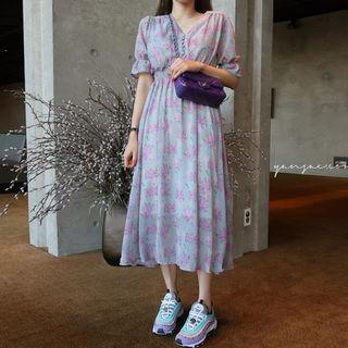 V-neck Frill-trim Rosette Long Dress