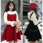 Frill Collar Blouse / Shoulder-tie A-line Velvet Dress
