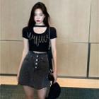 Chain Short-sleeve Top / Printed Leopard Skinny Skirt