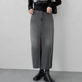 Deep-slit Washed Long Denim Skirt