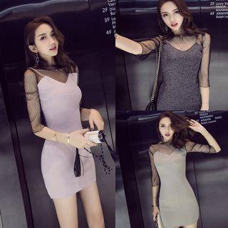 Mesh Panel Elbow-sleeve Knit Dress