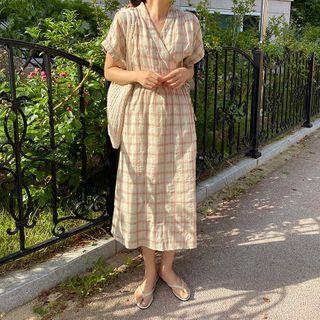 Checked Gathered-waist Wrap-front Dress