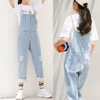 Spaghetti Strap Ripped Denim Jumper Pants