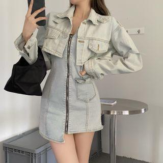 Sleeveless Zip-up Denim Mini Dress / Denim Cropped Jacket