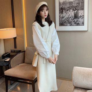 Mock Two-piece Midi Knit Dress With Sash