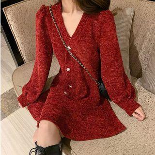 Beaded Button Melange Knit Dress