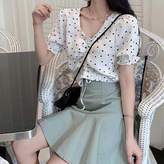 Short-sleeve Polka Dot Drawstring Blouse / High-waist Asymmetric Mermaid Skirt
