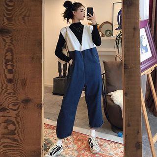 Mock-neck Long-sleeve Knit Top / Fleece Panel Jumper Pants