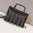 Fringed Trim Faux Leather Crossbody Bag Black - One Size