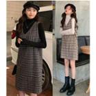 Turtleneck Long-sleeve Top / Plaid Pinafore Dress