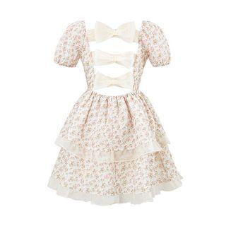 Short-sleeve Floral Bow Open-back Corset Dress