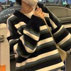 V-neck Striped Sweater Striped - Navy Blue & White & Army Green - One Size