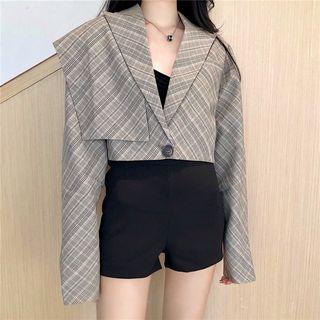 Plaid Single Button Cropped Blazer / Plain Shorts