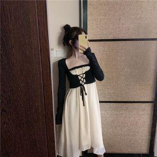 Lace Up Cropped Cardigan / Contrast Trim Strapless Midi Shift Dress