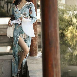 Floral Printed Bell-sleeve Tie-waist Midi Dress