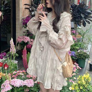 Long-sleeve Ruffled Mini Dress Almond & Gray - One Size