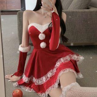 Strapless Lace Trim Mini A-line Dress / Arm Sleeves / Santa Hat / Set