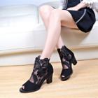 Lace Panel Chunky-heel Open-toe Ankle Boots