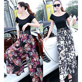 Set: Short-sleeve T-shirt + Wide-leg Floral Pants