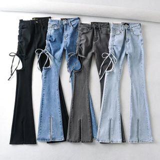 Mid Rise Cutout Drawstring Bootcut Jeans