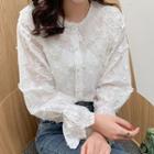 Long-sleeve Embroidered Floral Buttoned Top White - One Size