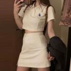 Set: Short-sleeve Embroidered Crop Polo Shirt + Mini Pencil Skirt Set - White - One Size