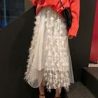 Feather-accent Midi A-line Mesh Skirt White - One Size