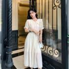 Short-sleeve Elastic-waist Midi Dress