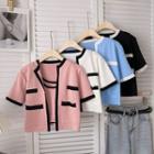Set: Two-tone Camisole Top + Short-sleeve Knit Cardigan