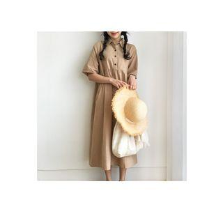 Elbow-sleeve Long Empire Shirtdress