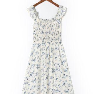 Sleeveless Ruffled Floral Print Midi A-line Dress