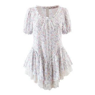 Short-sleeve Floral Print Asymmetrical Lace Panel Mini Dress
