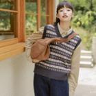 V-neck Patterned Sweater Vest Pattern - Coffee & Khaki - One Size