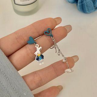 Heart Rabbit Faux Pearl Alloy Asymmetrical Dangle Earring
