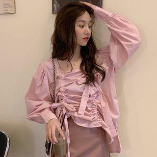 Square-neck Lantern-sleeve Blouse / A-line Skirt