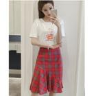 Set : Print Short-sleeve T-shirt + Plaid Skirt