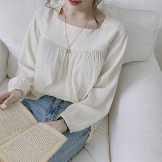 Square-neck Plain Trim Long-sleeve Blouse