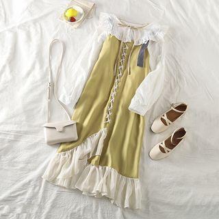 Bow-accent Long-sleeve Blouse / Lace-up Ruffle Sleeveless Dress